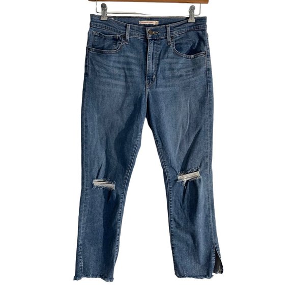 Levi's Premium 724 High Rise Straight Side Slit Ripped Jeans